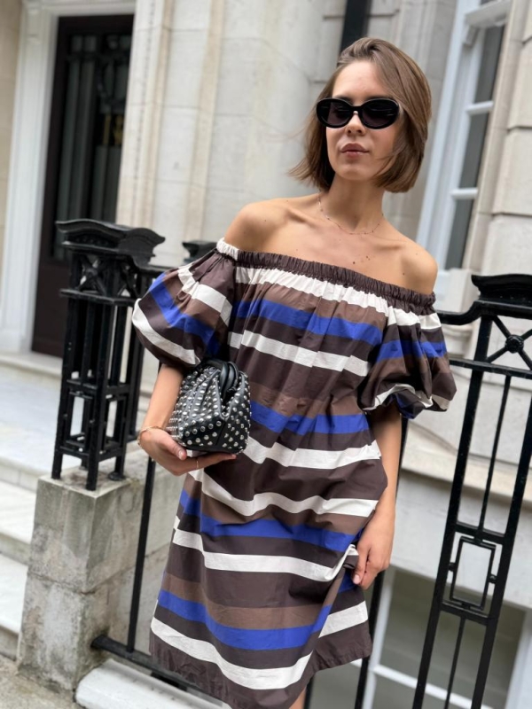 Sienna - Off Shoulder Striped Dress In Purple And Brown