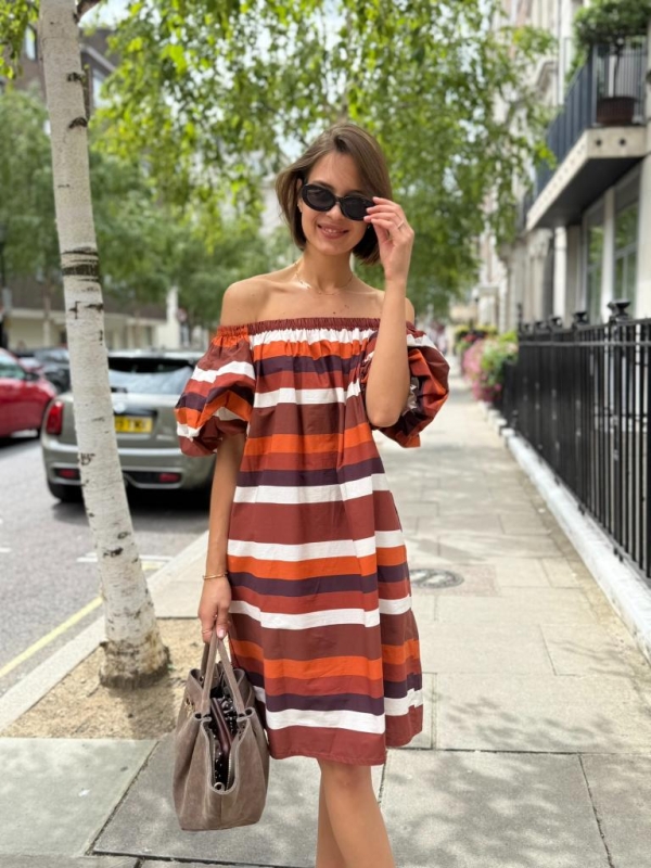 Sienna - Off Shoulder Striped Dress In Brown And Orange