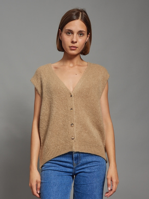 Nicole - Knitted Button Detail Vest In beige
