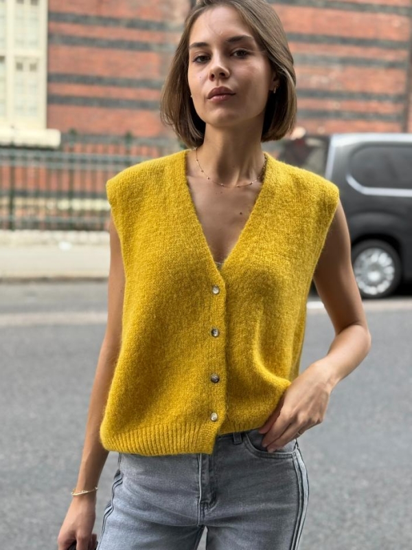 Nicole - Knitted Button Detail Vest In Saffron