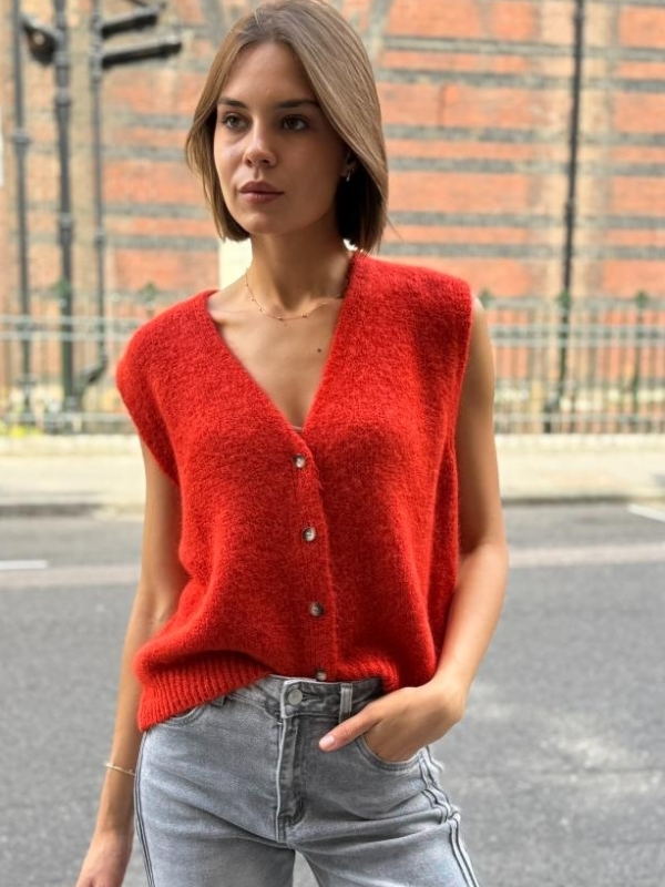Nicole - Knitted Button Detail Vest In Orange