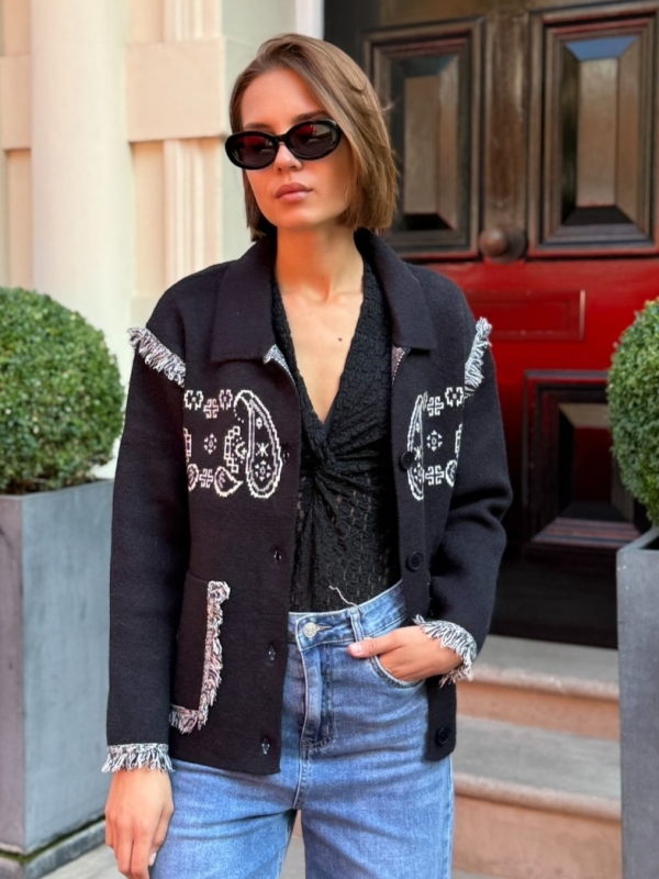 Odessa - jacquard-knit wool cashmere cardigan in black