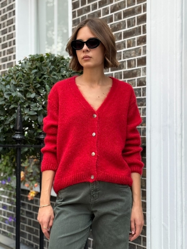 Leah - button embellished ribbed knit cardigan in red