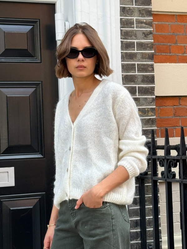 Leah - button embellished ribbed knit cardigan in cream