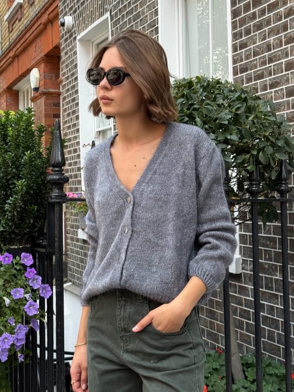 Leah - button embellished ribbed knit cardigan in grey