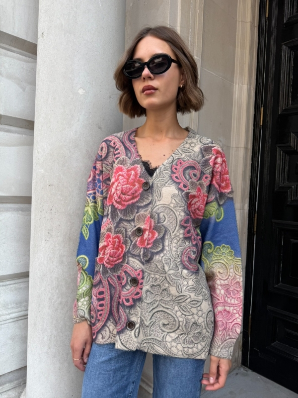 Lora - Printed  Cardigan In Beige and pink