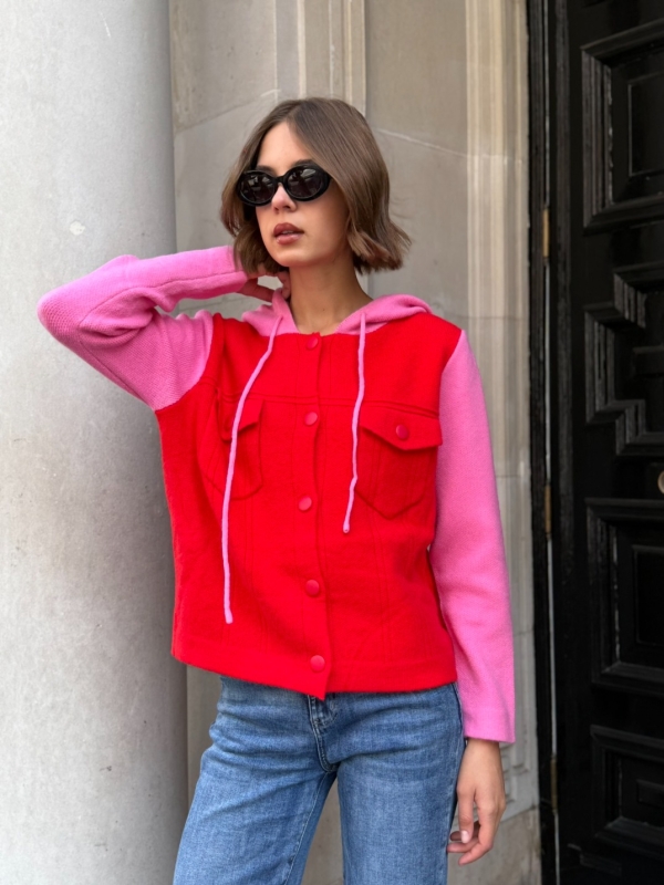 Orel - two tone wool cashmere hooded cardigan in red