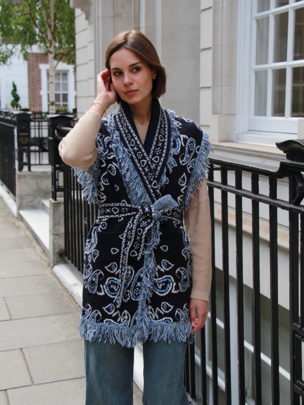 Odette - jacquard-knit wool cashmere gilet in navy