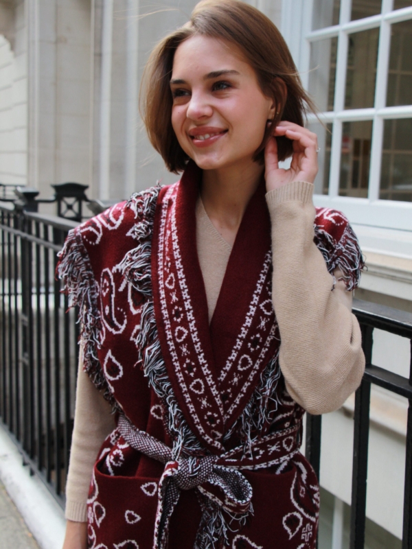 Odette - jacquard-knit wool cashmere gilet in burgundy