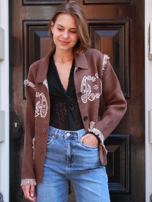 Odessa - jacquard-knit wool cashmere cardigan in brown