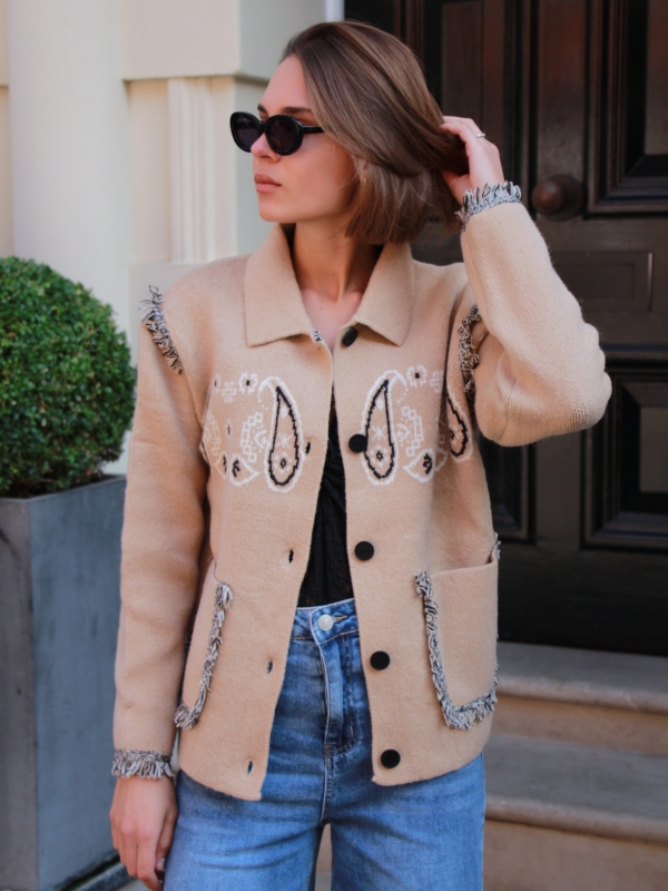 Odessa - jacquard-knit wool cashmere cardigan in beige