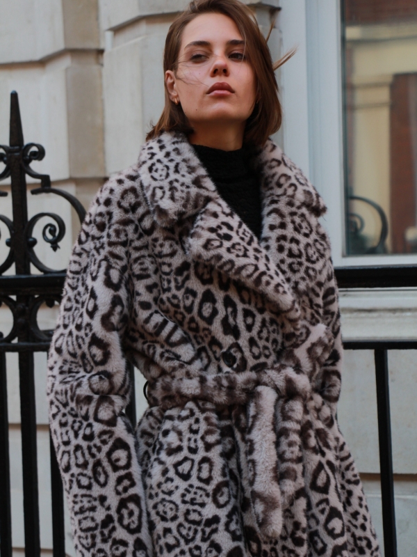 Kelly- Faux Fur Coat Leopard Print In Grey