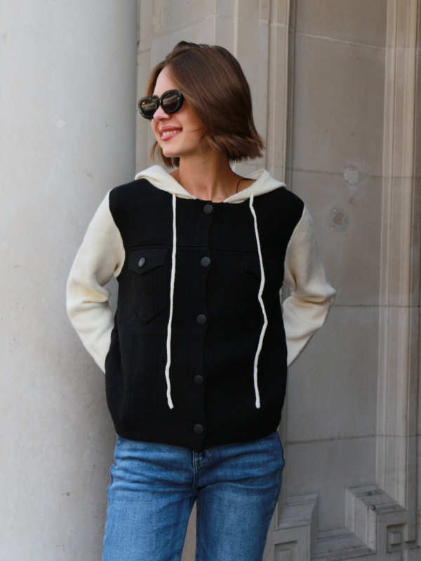 Orel - two tone wool cashmere hooded cardigan in black