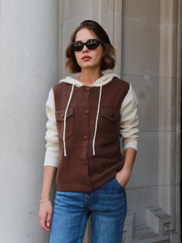 Orel - two tone wool cashmere hooded cardigan in brown
