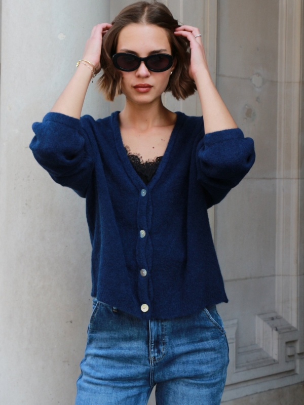 Isla - button embellished ribbed knit cardigan in navy