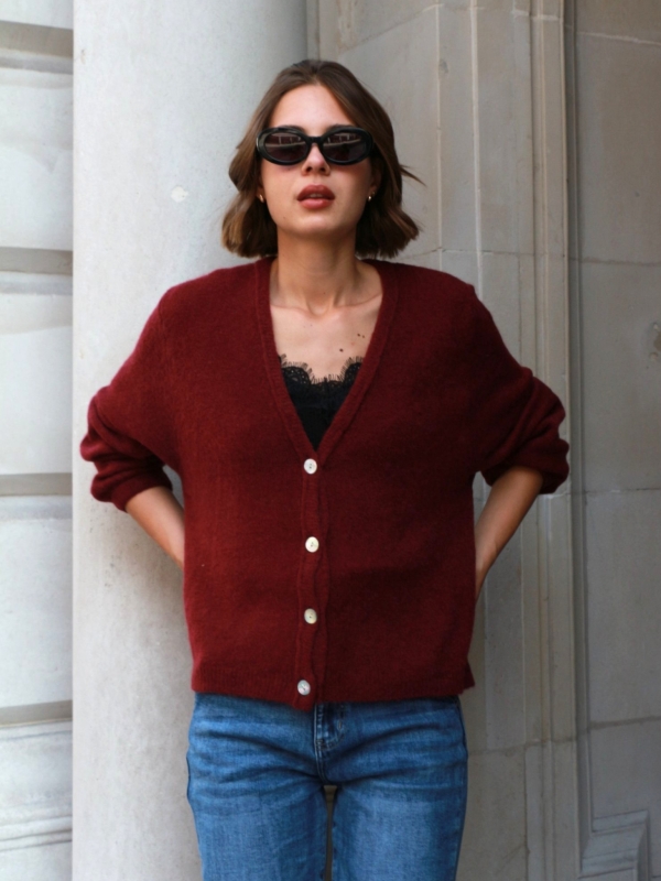 Isla - button embellished ribbed knit cardigan in burgundy