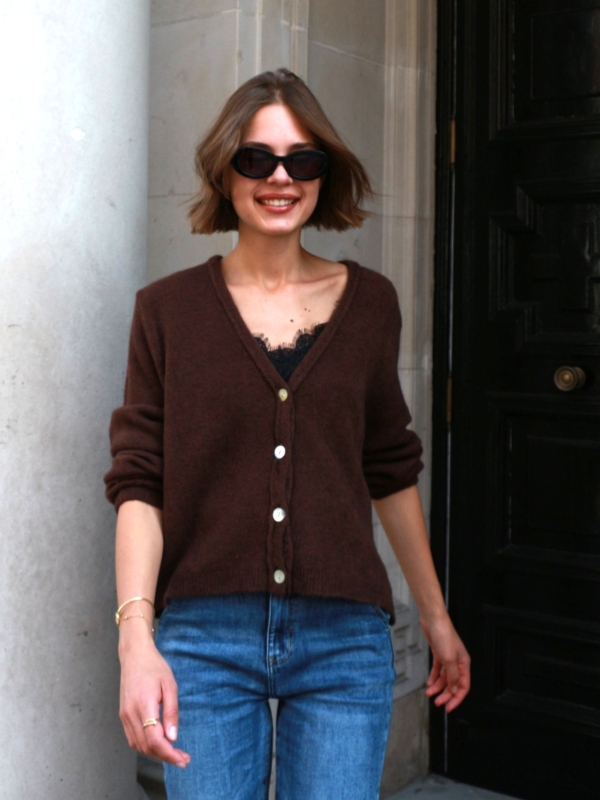Isla - button embellished ribbed knit cardigan in brown