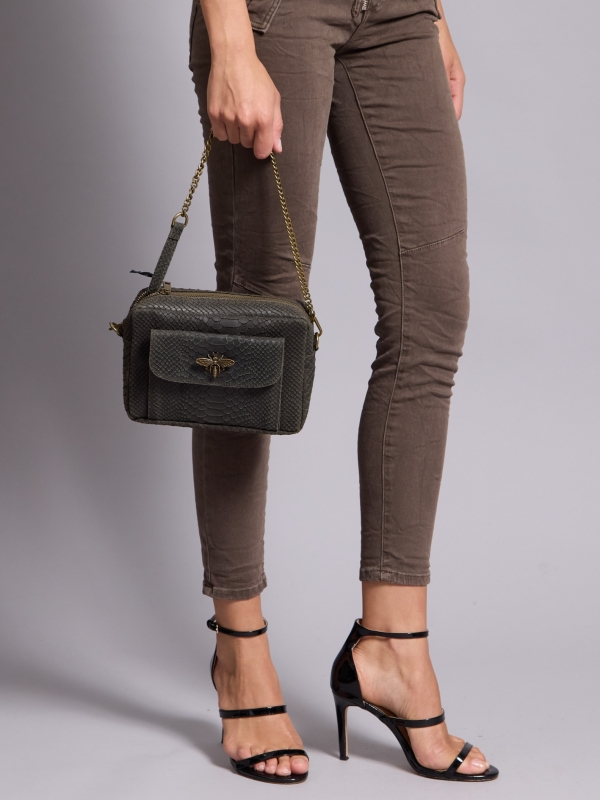 Ava - bee clasp leather bag in khaki
