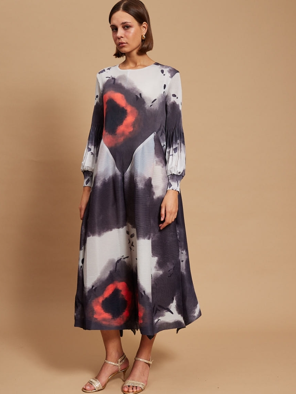 Pheonix -Plisse dress abstract IN grey and orange