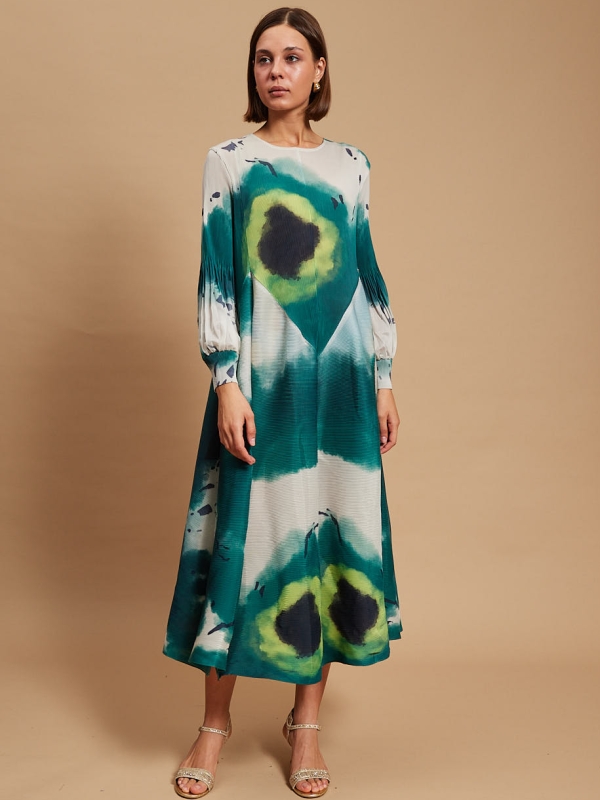 Pheonix -Plisse dress abstract IN green and teal