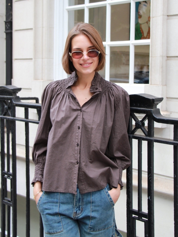 EMMA- smocked cotton shirt in brown