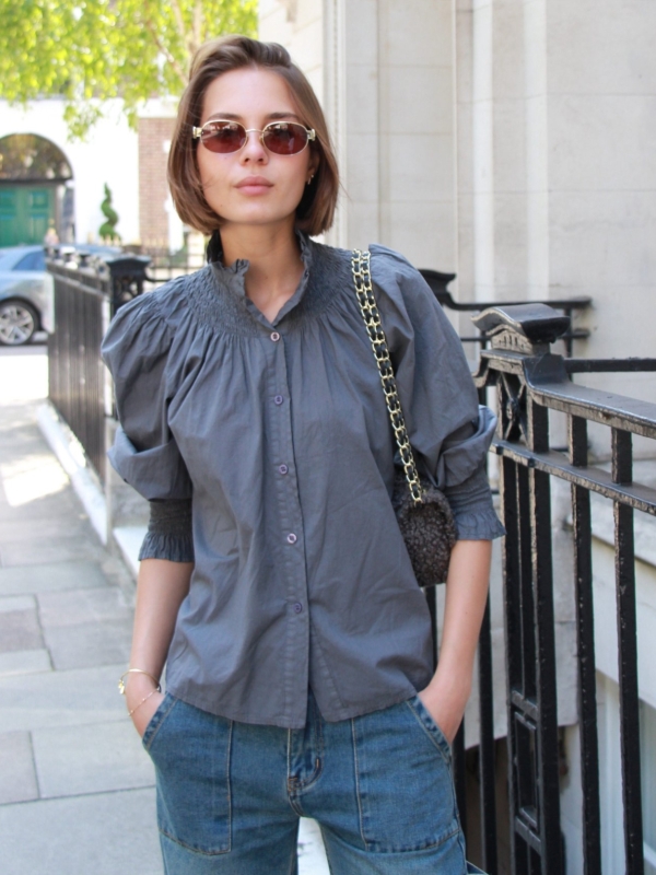 EMMA- smocked cotton shirt in GREY