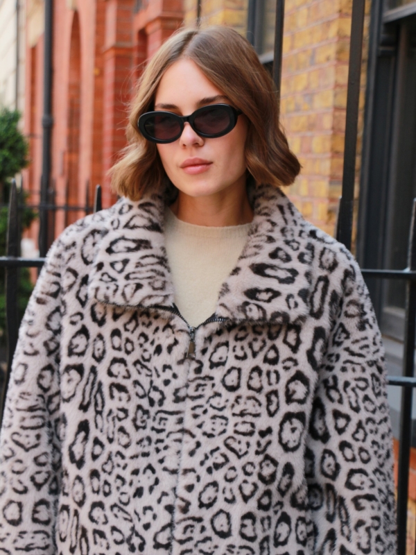Candy- Faux Fur Coat In Leopard Print in grey