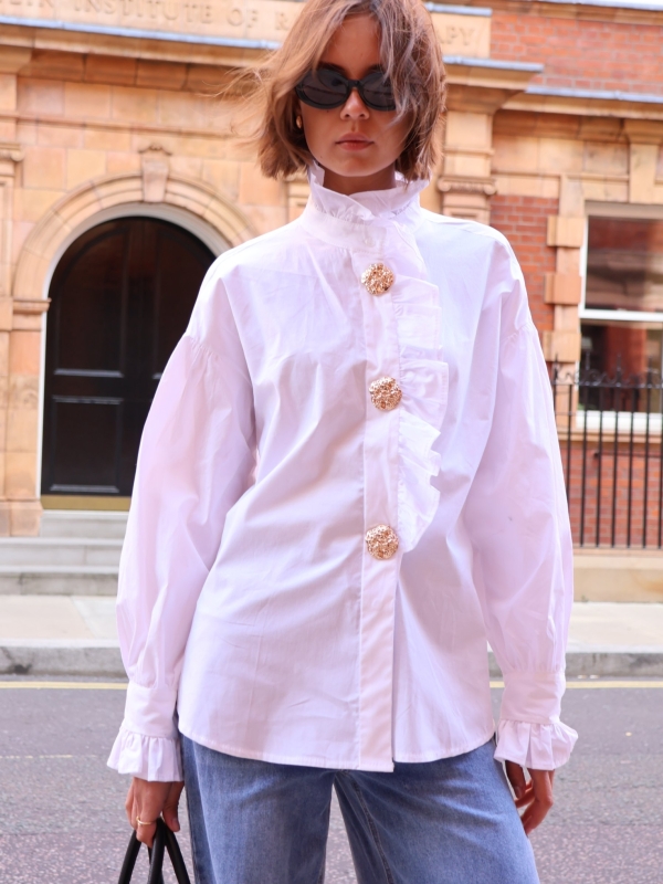Ella - gold button embellished cotton shirt in white
