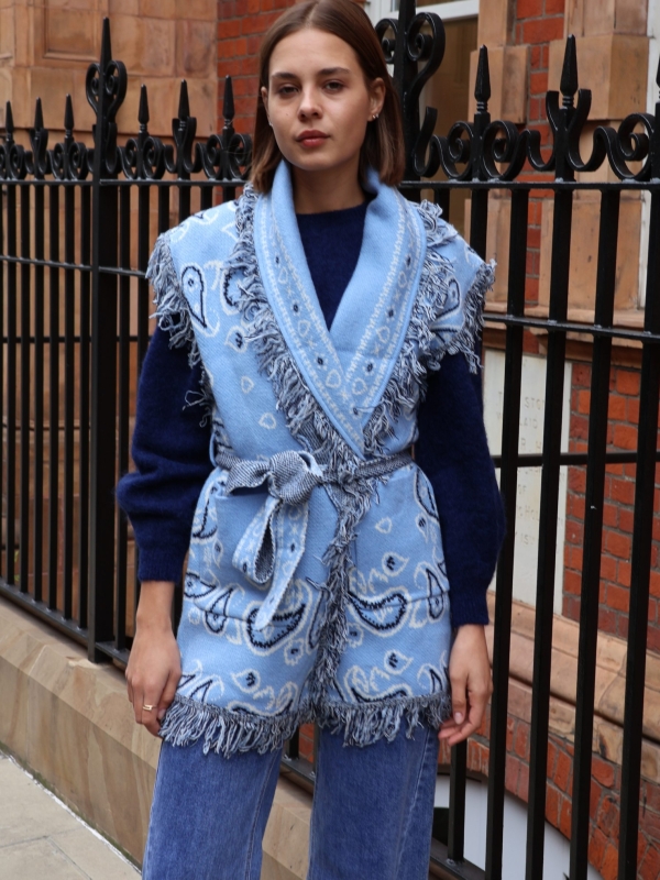 Odette - jacquard-knit wool cashmere gilet in blue