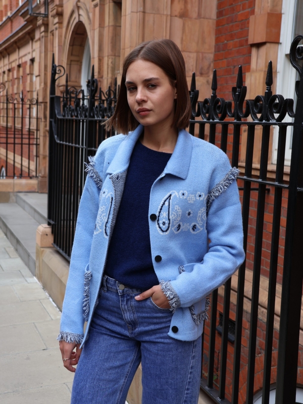 Odessa - jacquard-knit wool cashmere cardigan in blue