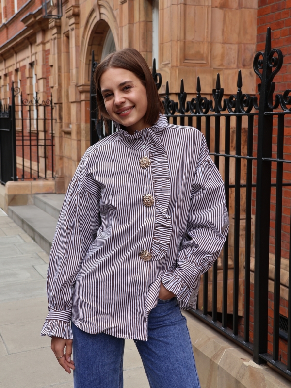 Ella - gold button embellished cotton shirt in STRIPES