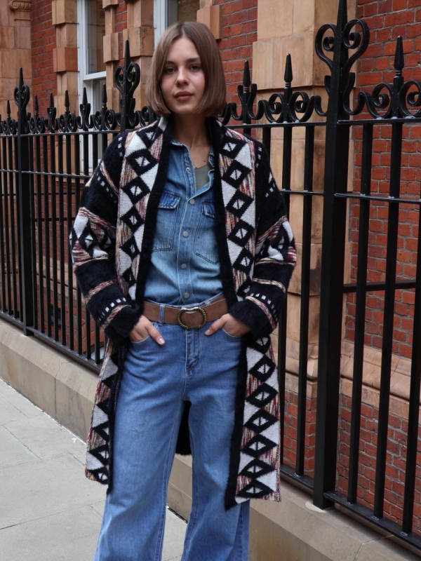 Cassidy - Two Way Layering jacquard-knit cardigan in black