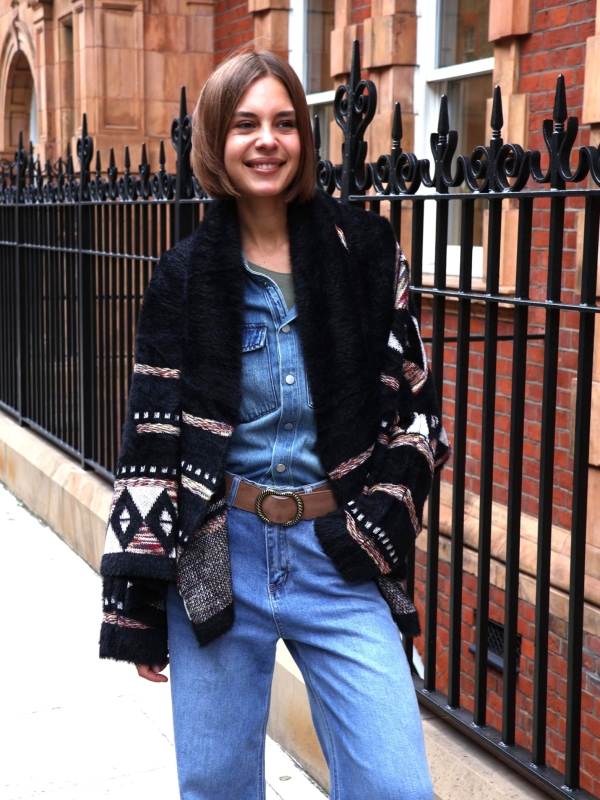 Cassidy - Two Way Layering jacquard-knit cardigan in black