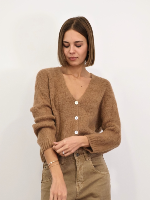 Nella- button embellished ribbed knit cardigan in camel