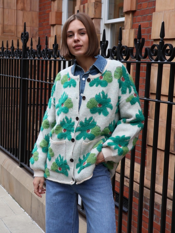 Stella - Chunky jacquard-knit cardigan in green