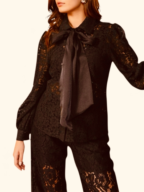 Lia - pussybow tie neck shirt in  brown