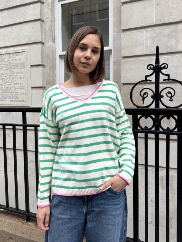 Sierra - Striped V-Neck with St. Tropez Detail in green