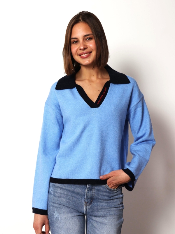 Candy - Collared Knit with Contrast Trim In Blue