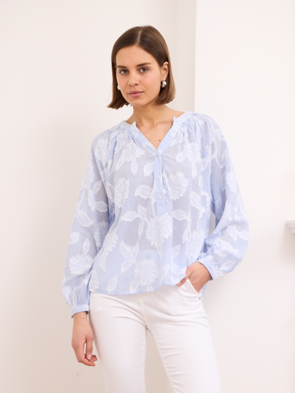 Ivy - Smocked Cotton Shirt Top In blue