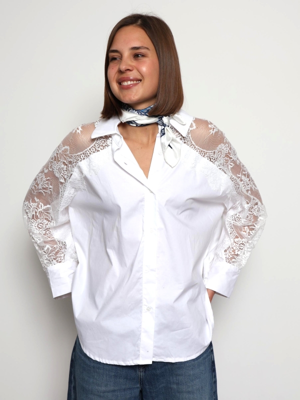 Khloe -Cotton Blouse with Lace Sleeve Details In White