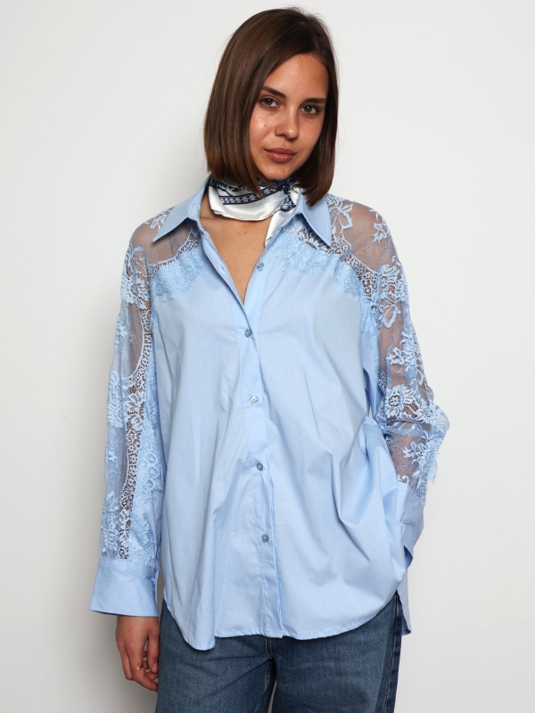 Khloe -Cotton Blouse with Lace Sleeve Details In  Blue