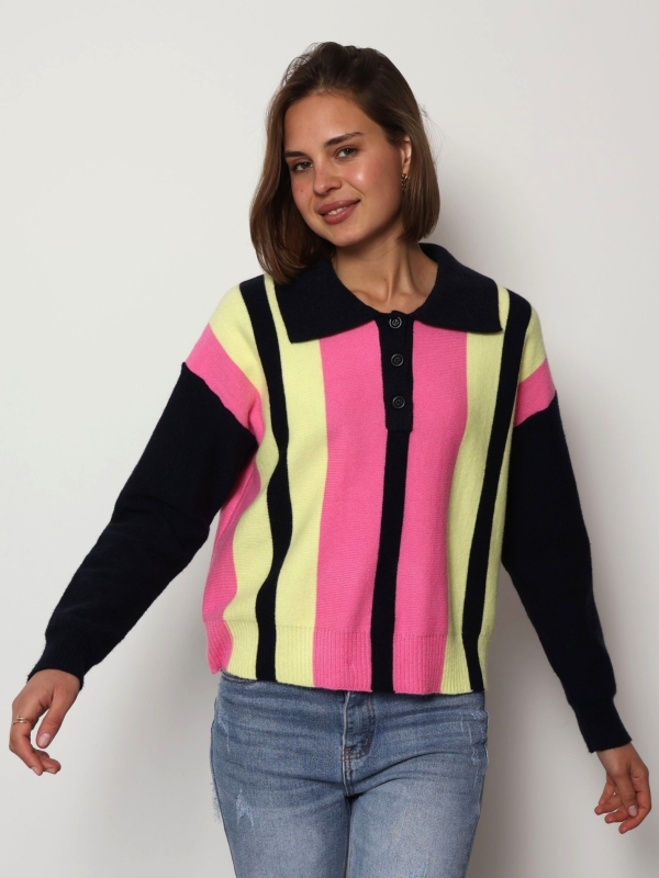 Oleen - Striped Collared Knit Jumper In Navy And Pink