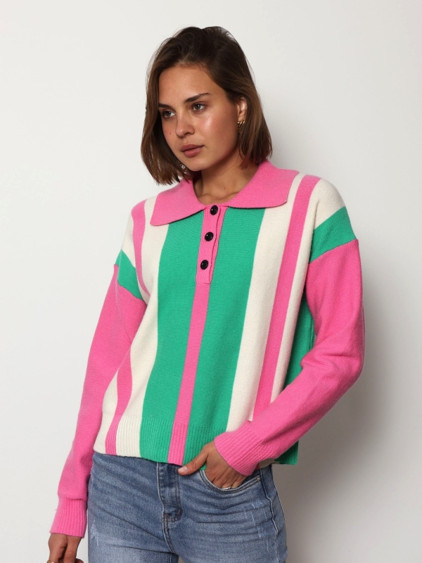 Oleen - Striped Collared Knit Jumper In Pink And Green