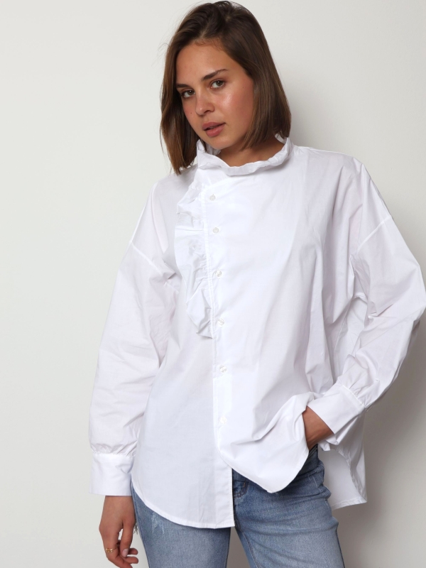 May - Cotton Side Button Ruffle Shirt In White