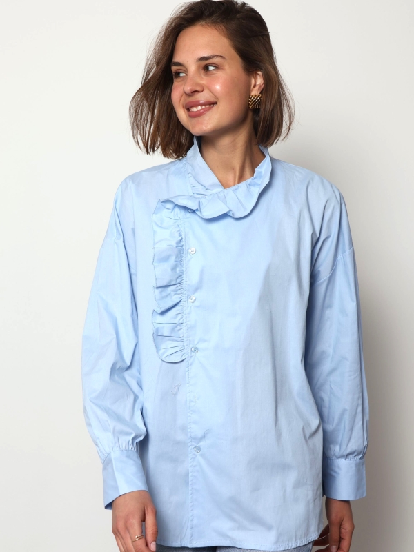 May - Cotton Side Button Ruffle Shirt In Blue