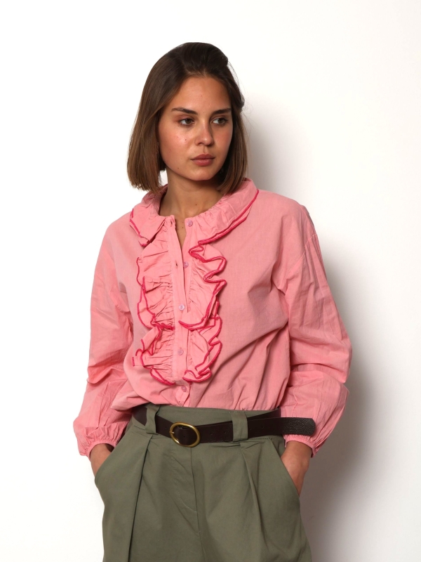 Jaqueline - Contrast Trim Ruffle Cotton Shirt in pink