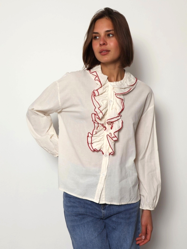 Jaqueline - Contrast Trim Ruffle Cotton Shirt in cream