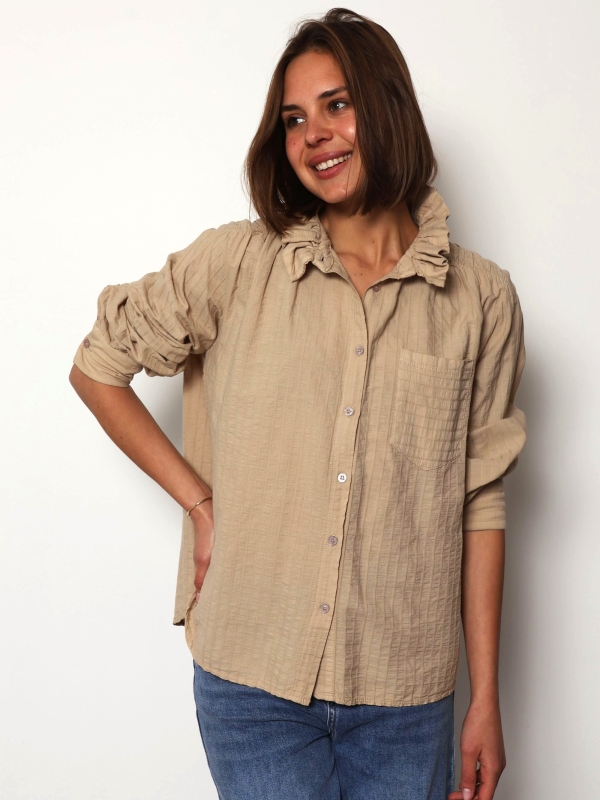 Charlie - High Neck Cotton Blouse with Frill Detail in Beige