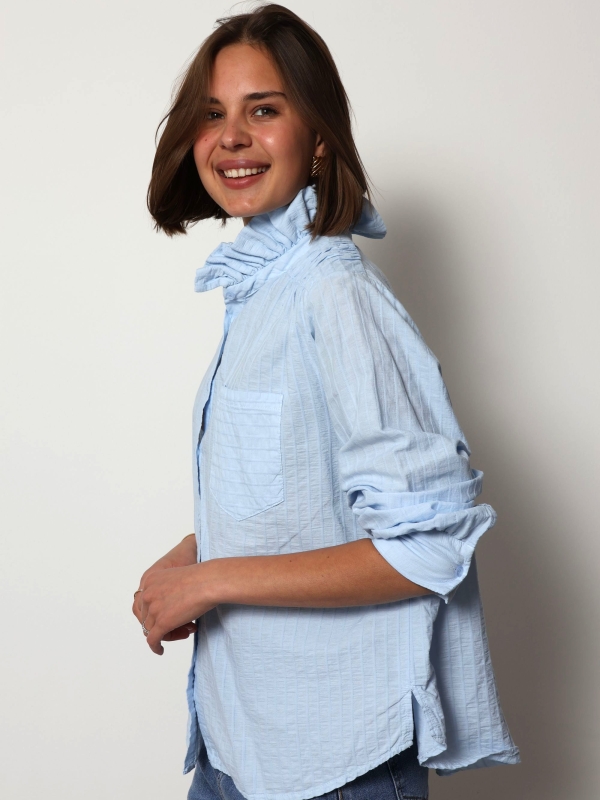 Charlie - High Neck Cotton Blouse with Frill Detail in Blue