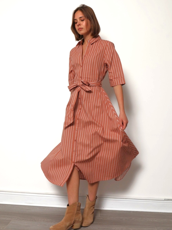 Destiny - cotton Shirt Dress Stripe In Brown